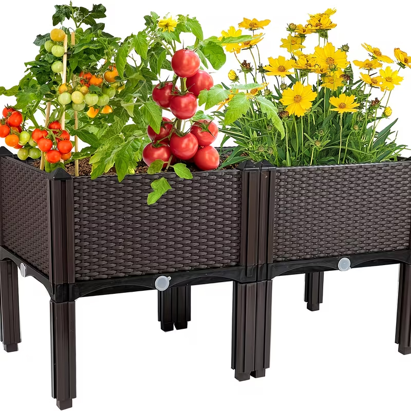 Raised Bed Planter Box - Yüksek Ayaklı Rattan Görünümlü Plastik Saksı,